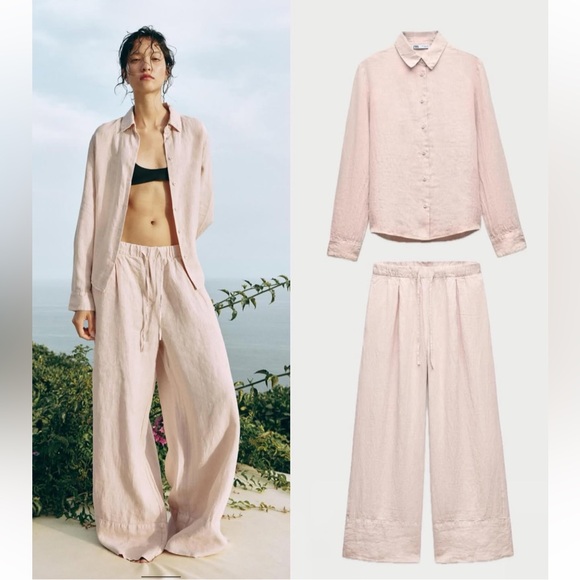 Zara Pants - Zara 100% Linen Palazzo Pants Wide Leg Mid rise ZW Light Pastel Pink Size XS NWT